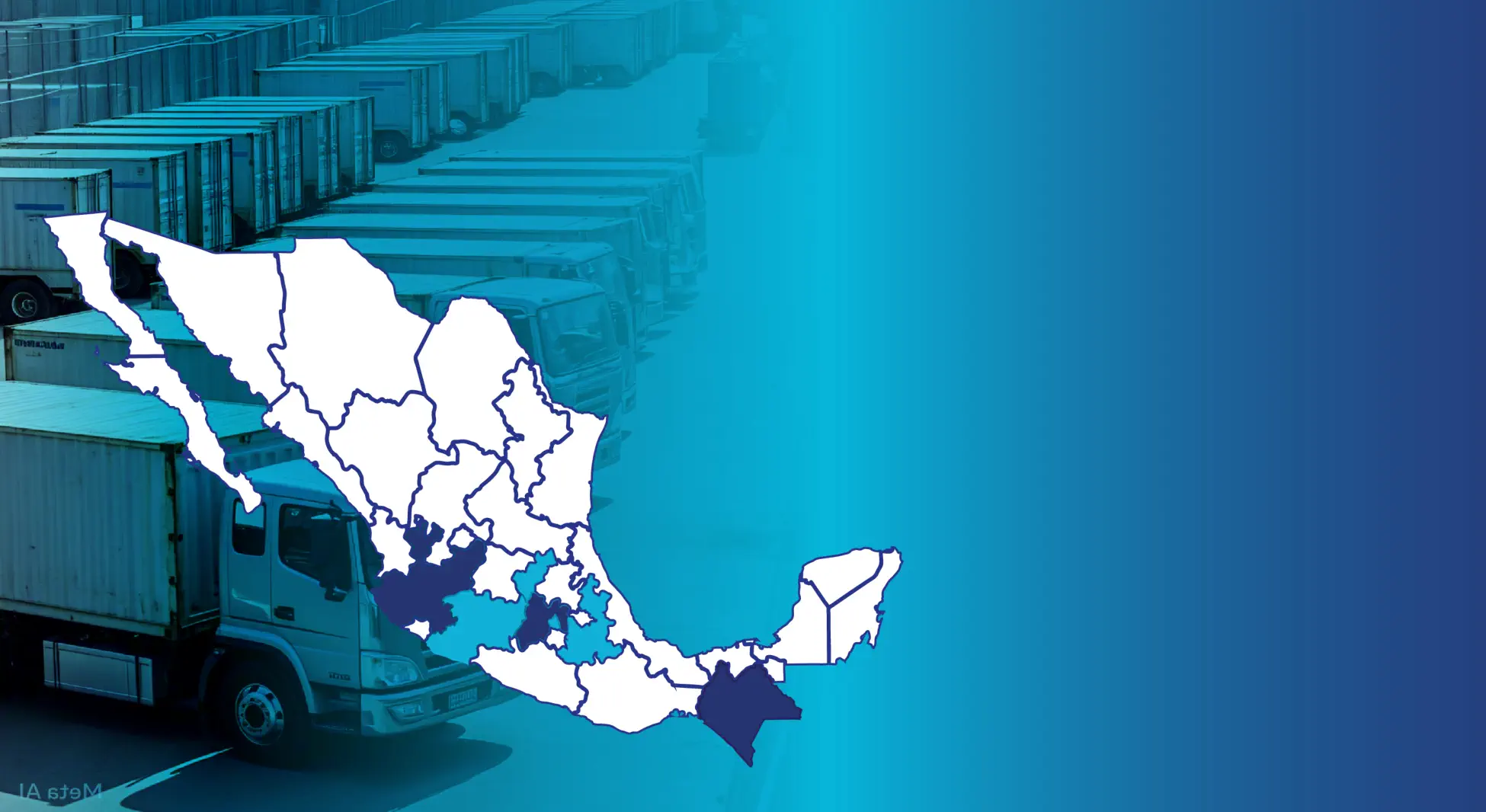 Mapa de México mostrando nuestra cobertura de distribución: Querétaro, Estado de México, CDMX, Morelia, Puebla, Chiapas, Guadalajara e Hidalgo. Camiones listos para entrega.